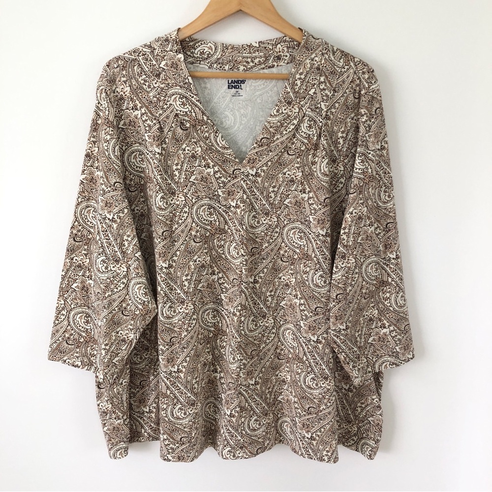 Lands’ End Plus Women’s 3X Paisley Brown White V-Neck Blouse Stretch Top NWOT